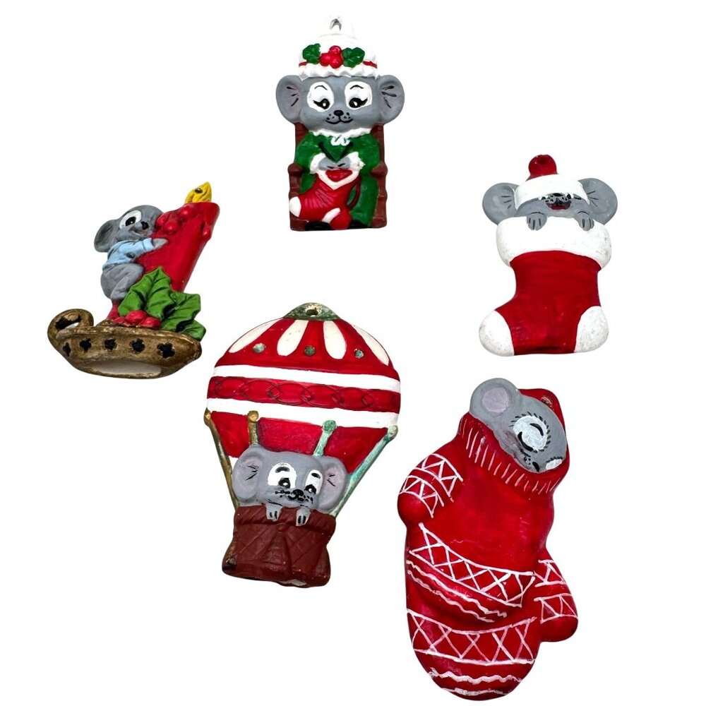 Vtg 5 Pc Hand-Painted Christmas Mouse Ornaments Ceramic Holiday Tree
